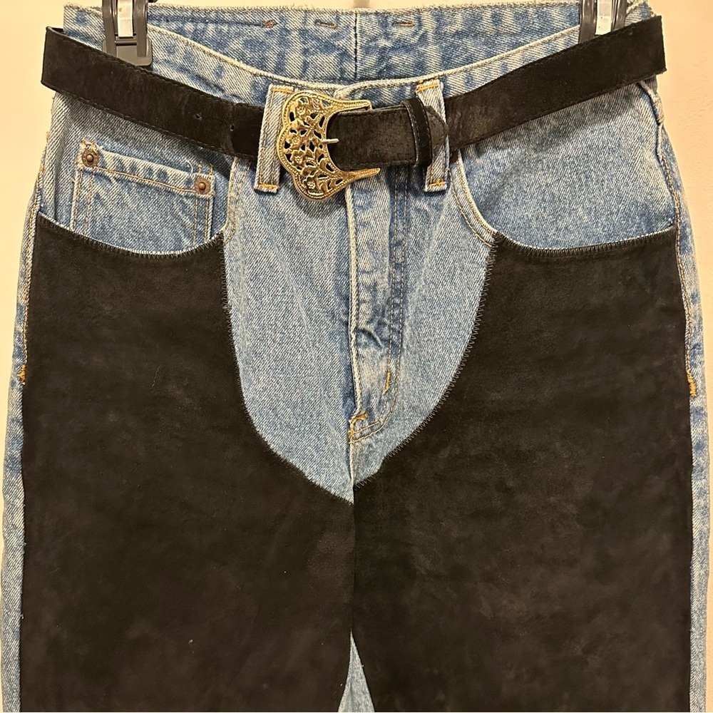 Vintage 80's PEPE Suede Chaps Patchwork Denim Jeans w/ Belt Jrs 7/8 Women’s 0/2 - Picture 2 of 11